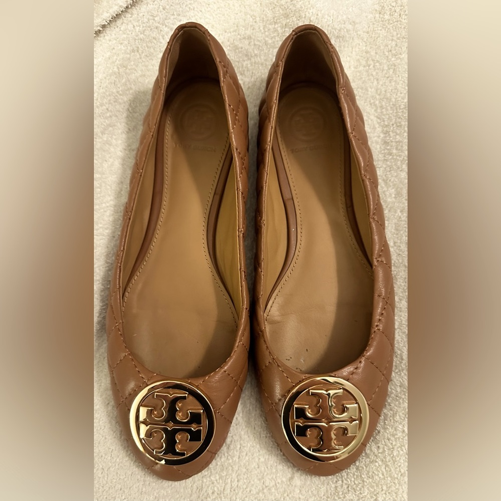 Tory Burch Benton 2 Quilted Ballet Flat - Royal Tan/Gold, Size 7 Nappa Leather